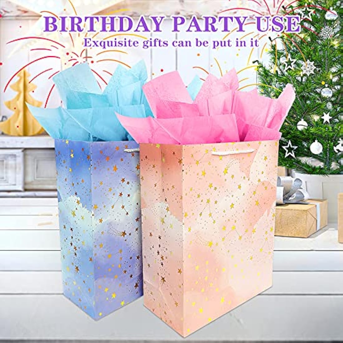 Large Gift Bags with Tissue Paper – 2 Pack Pink & Blue Set