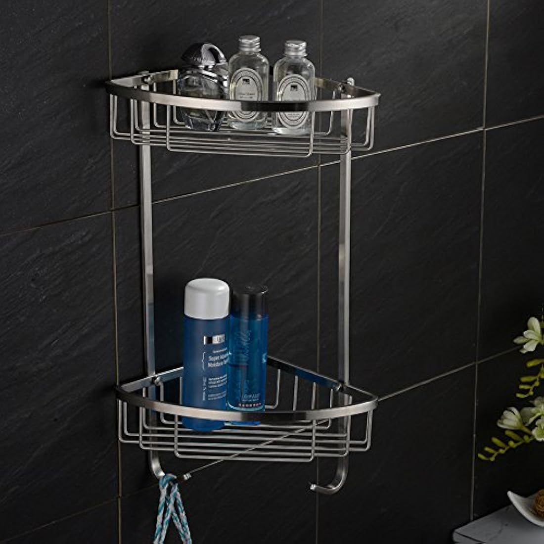 Konhard 2-Tier Corner Shower Basket – Brushed Stainless Steel Shelf