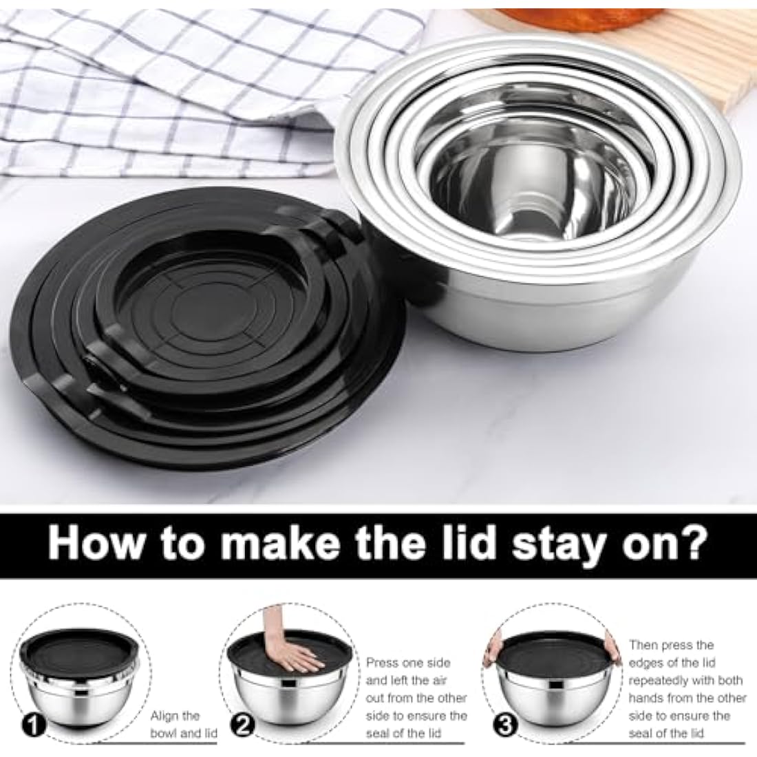 HaWare 6-Piece Stainless Steel Mixing Bowl Set with Airtight Lids - Black