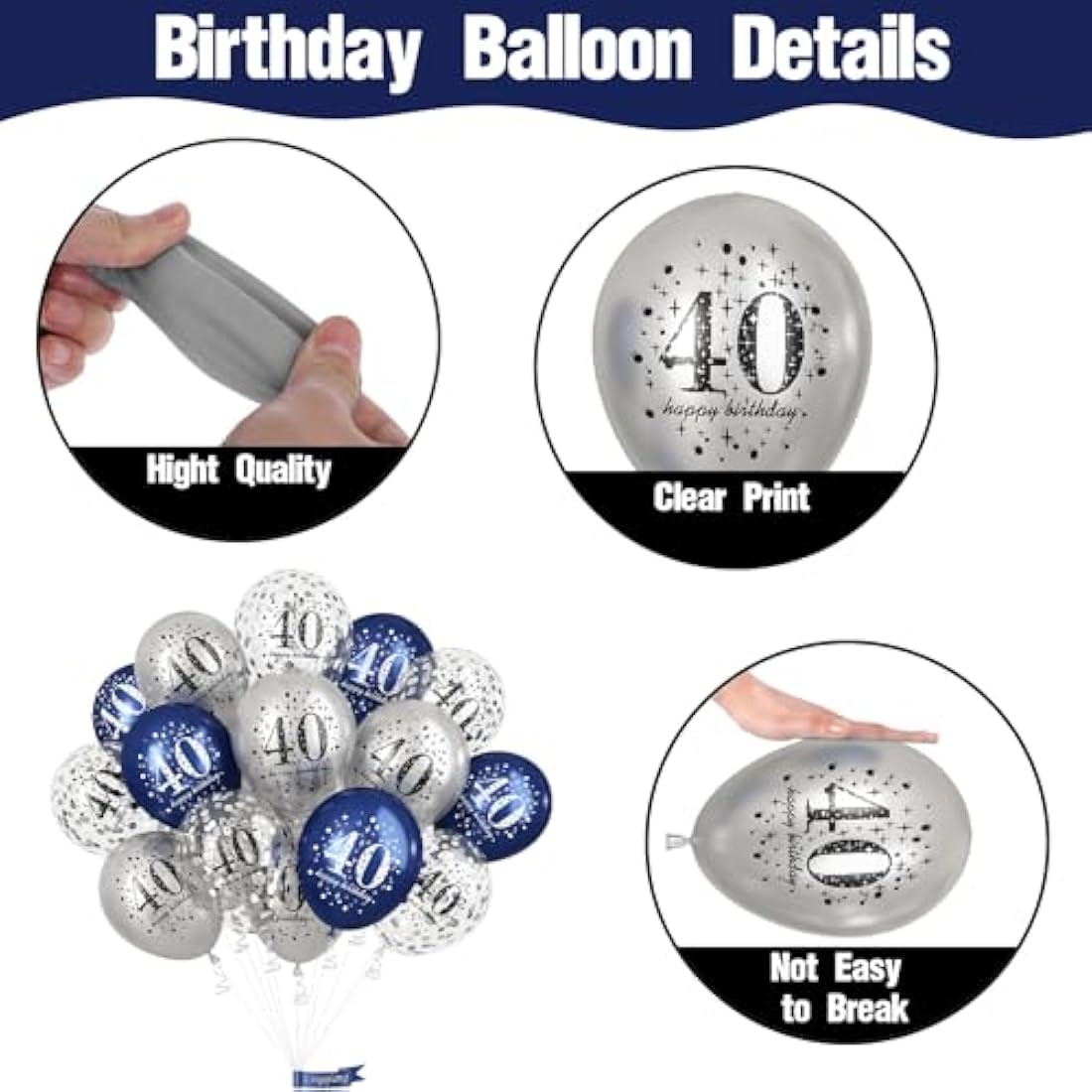 Jolof Store 40th Birthday Balloons - 15pc Navy Blue & Silver Latex Decor
