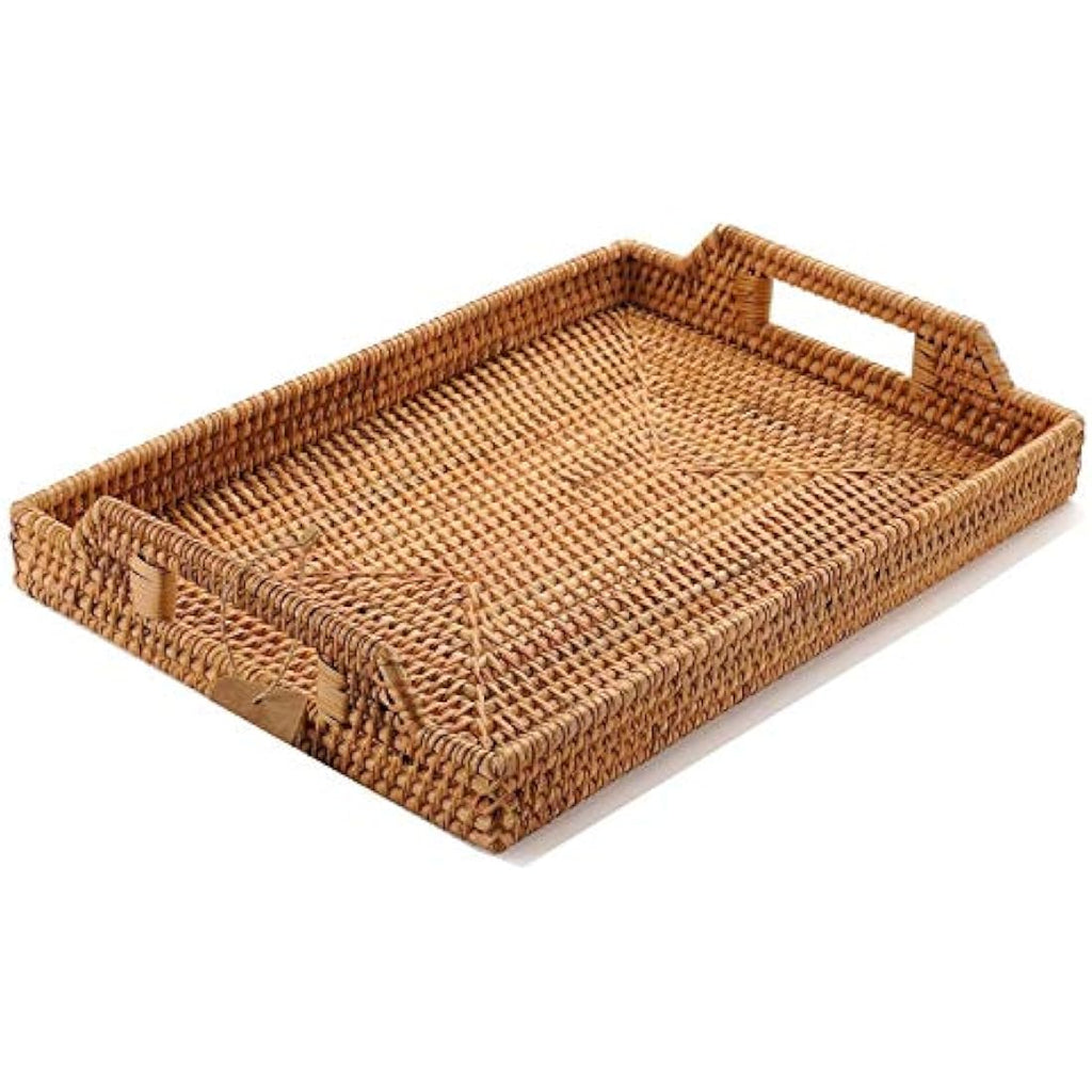 Hand-Woven Rattan Serving Tray with Handles – 17 Inch Rectangular