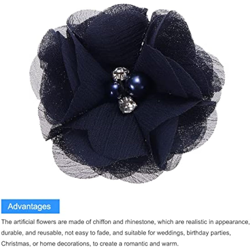 Jolof Store Dark Blue Chiffon Flower Heads with Rhinestones - 20 Pack
