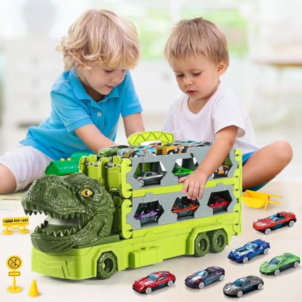 VATOS Dinosaur Transport Truck Toy – Portable Race Track Set with 6 Cars