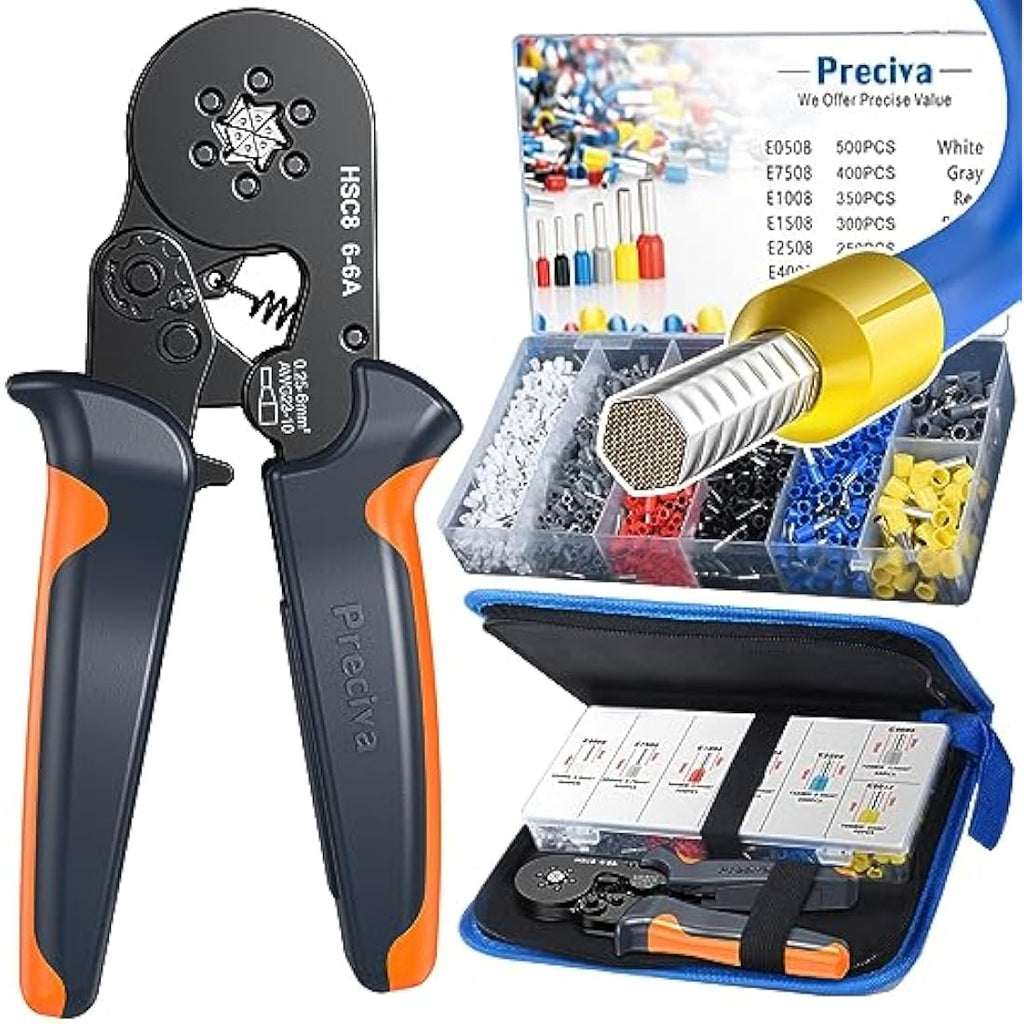 Preciva Ferrule Crimper Plier Set | 6-Sided Ratchet Tool with 1900 Connectors
