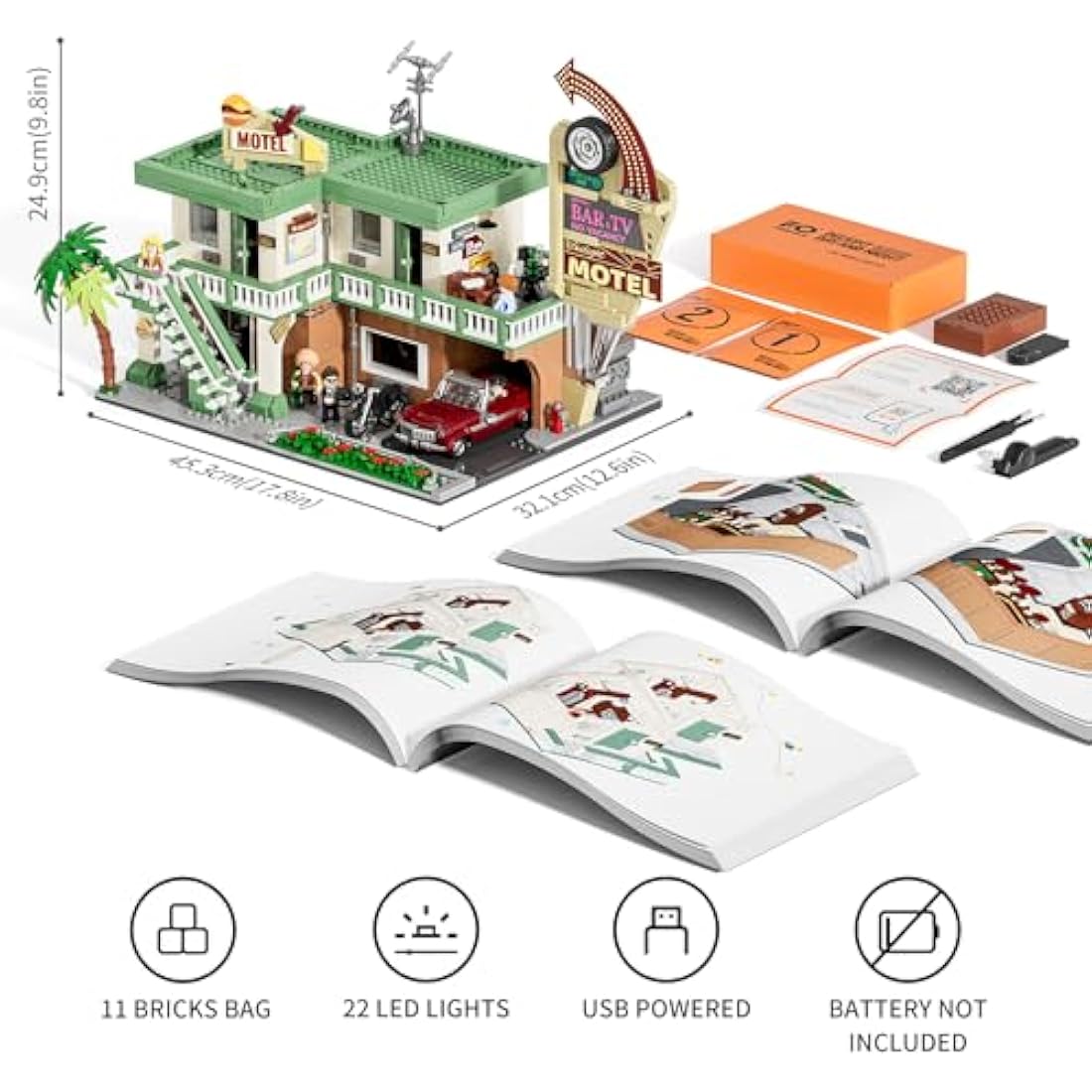 FUNWHOLE City Car-Hotel Modular Building Set with Lights – 1970 Pieces