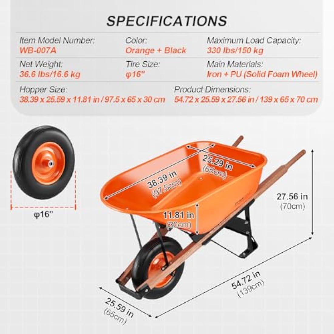 VEVOR 6 Cu. Ft Wheelbarrow – 330 lbs Heavy-Duty Garden Utility Cart