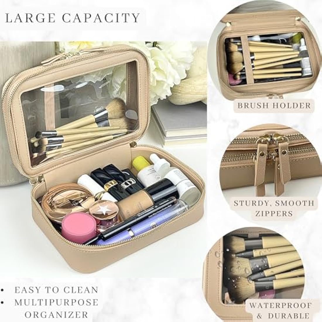 JAZD Clear Makeup Organizer | Large Travel Cosmetic Bag - Beige Saffiano