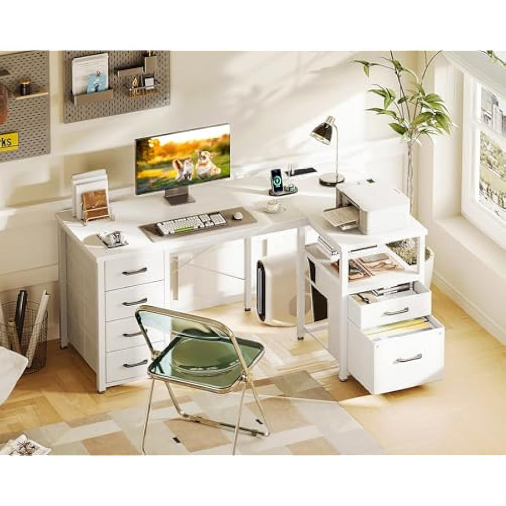 Coleshome L-Shaped Computer Desk with Power Outlet and 6 Drawers, White