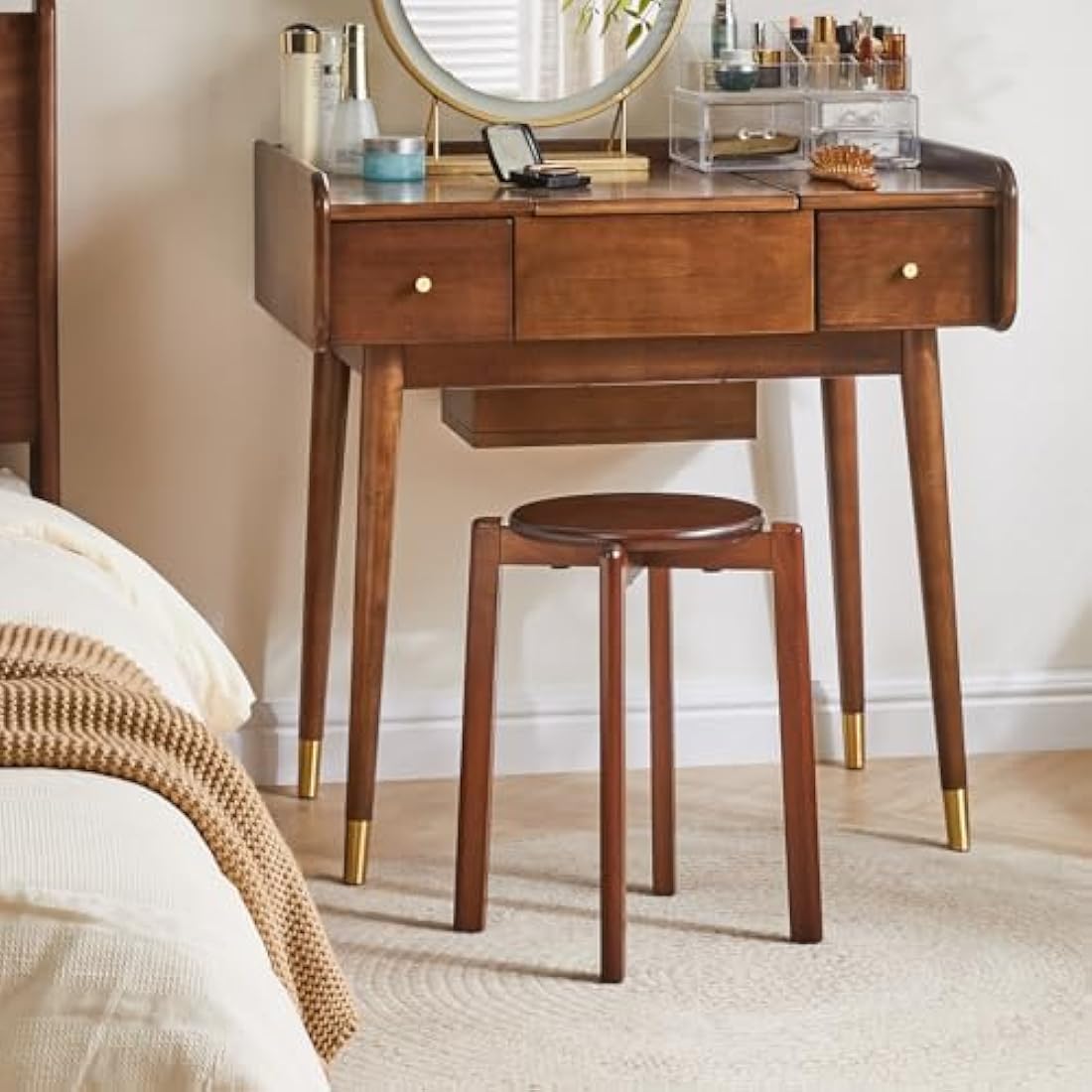 YMYNY Solid Wood Round Stool - 4pcs Stackable Dining Stools, Brown
