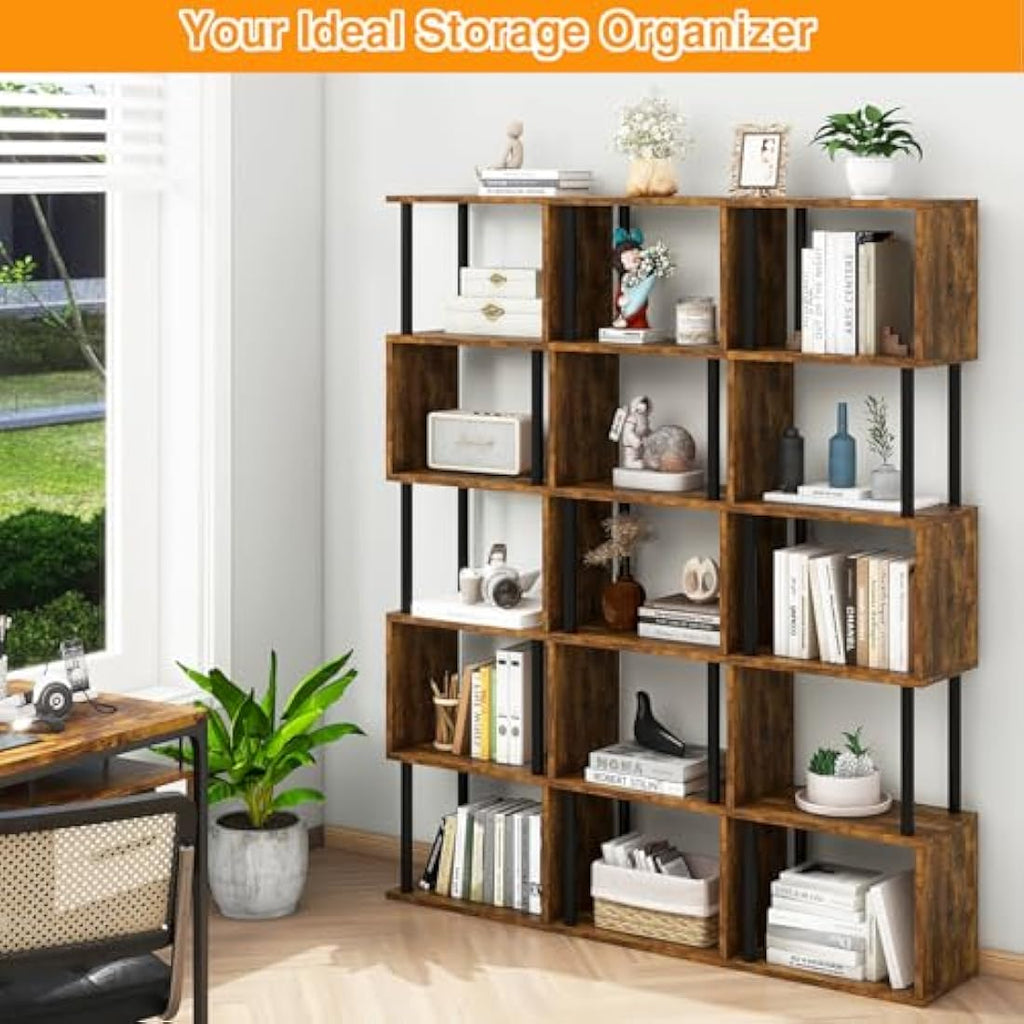 IBUYKE 6-Tier S-Shaped Geometric Bookshelf | Rustic Brown Wood Display Shelf