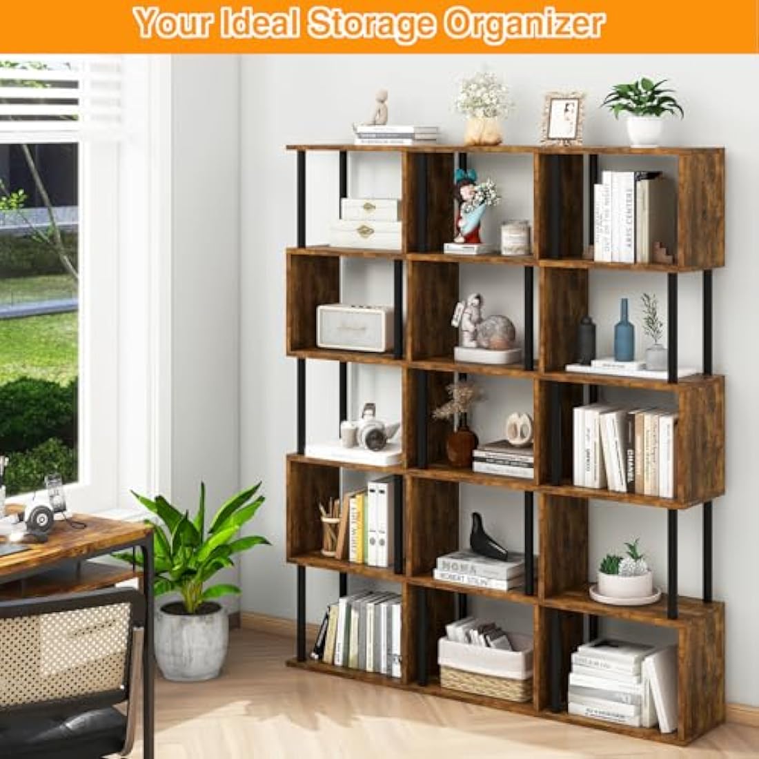 IBUYKE 6-Tier S-Shaped Geometric Bookshelf | Rustic Brown Wood Display Shelf