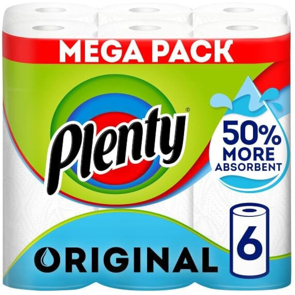 Plenty Kitchen Towel | 6 White Rolls | 2-Ply Absorbent Paper Sheets