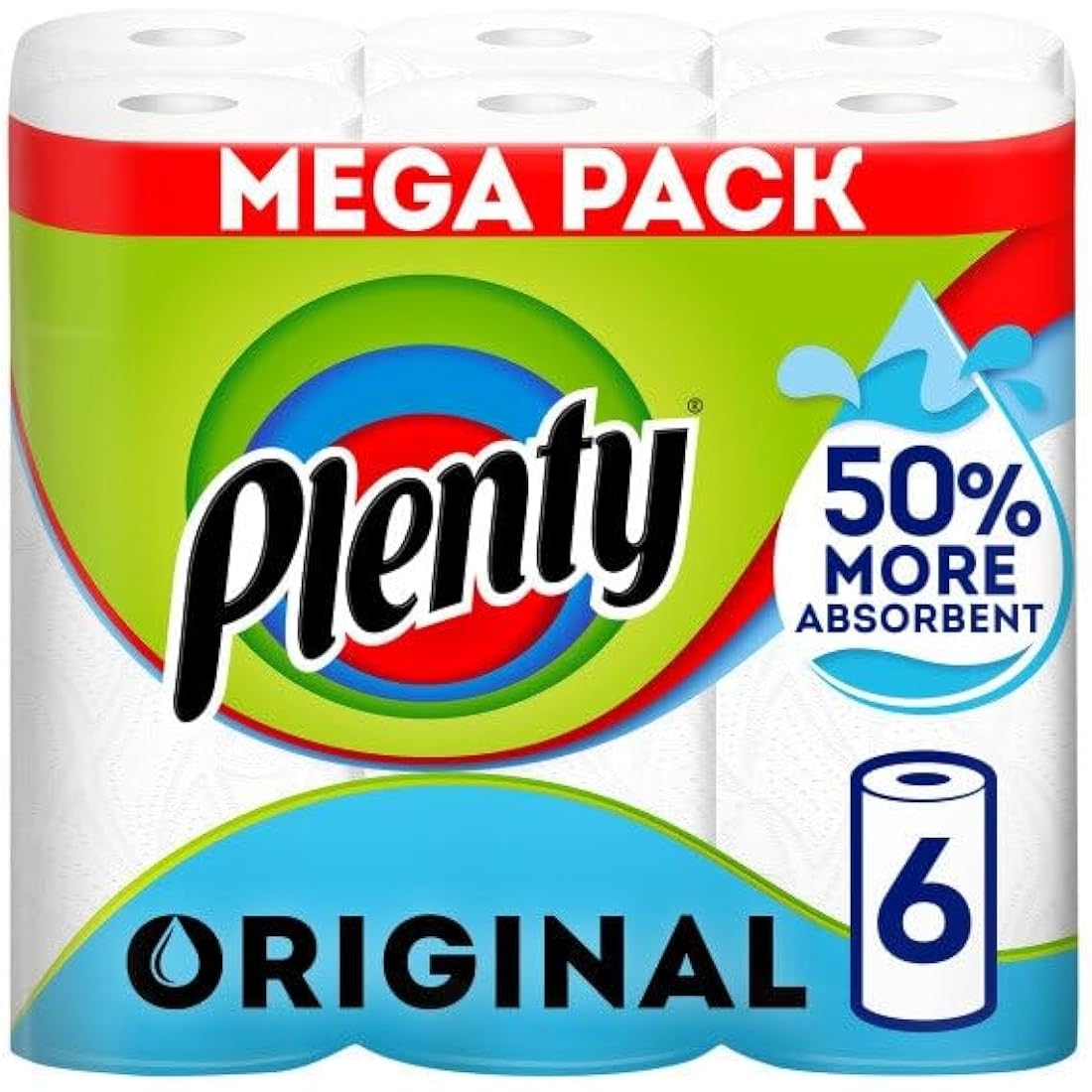Plenty Kitchen Towel | 6 White Rolls | 2-Ply Absorbent Paper Sheets