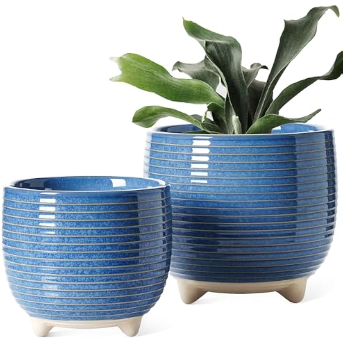 LE TAUCI Ceramic Plant Pots | Set of 2 Indoor Planters with Drainage Blue