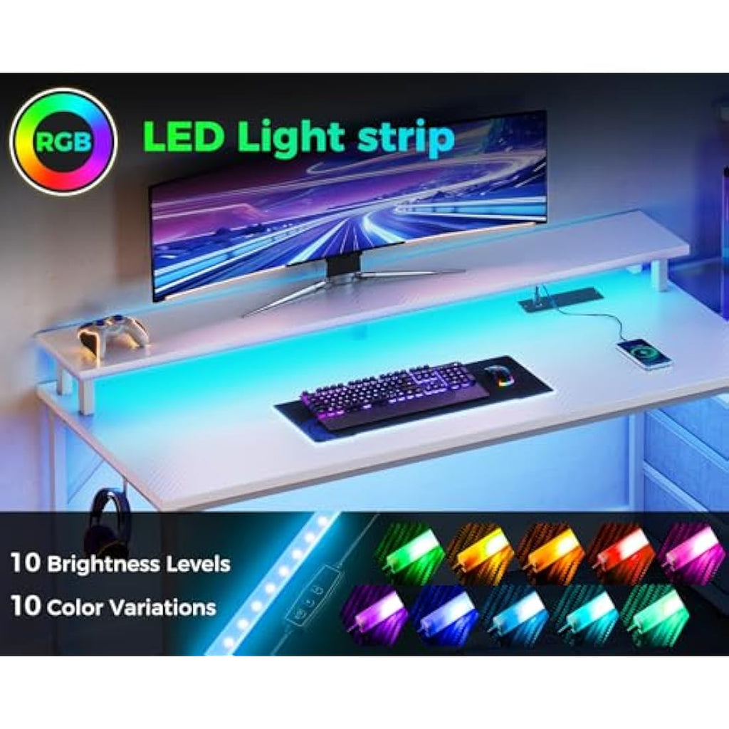 Coleshome Gaming Desk with LED Lights, Power Outlet & Drawers - White