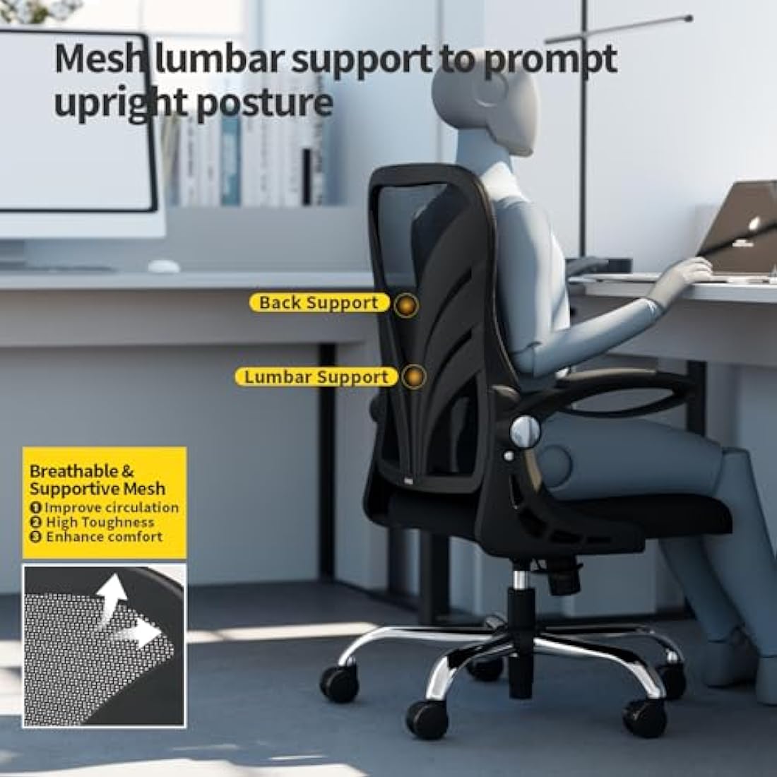 HOLLUDLE Ergonomic Mesh Office Chair – Foldable Backrest & Lumbar Support