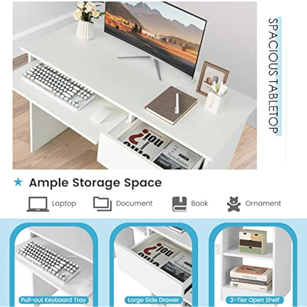 Computer Desk with Keyboard Tray and Drawer - White
