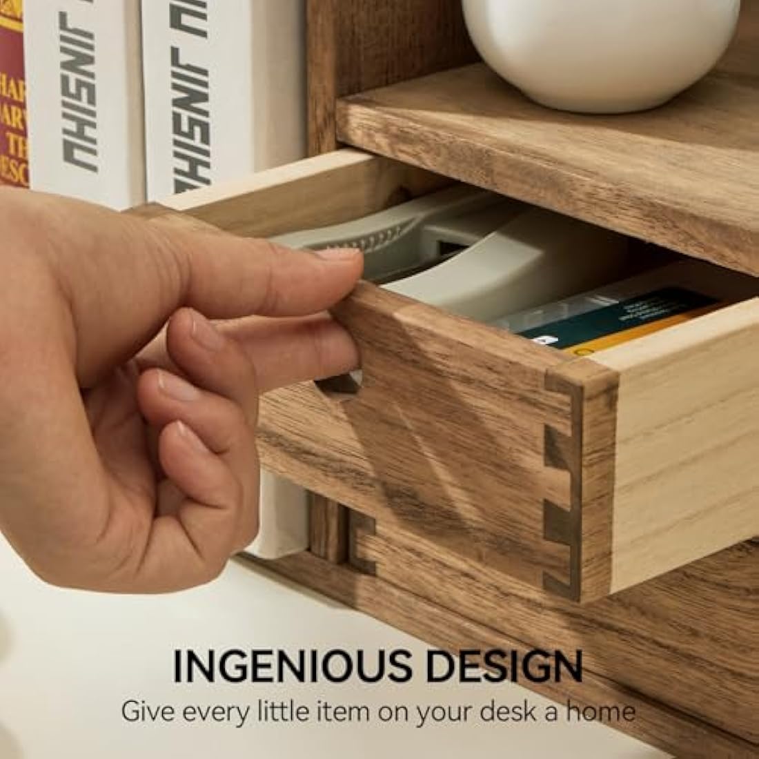 KIRIGEN Expandable Wooden Desktop Bookshelf with 2 Drawers | Solid Wood