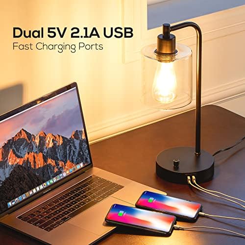Homelist Industrial Dimmable Bedside Lamps Set of 2 with USB Ports
