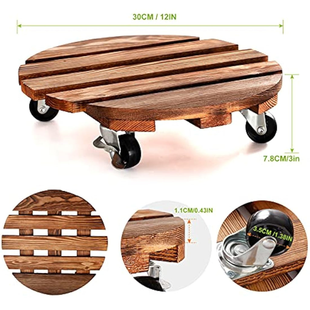 2-Pack Wooden Plant Caddy | 12" Rolling Plant Stand with Wheels