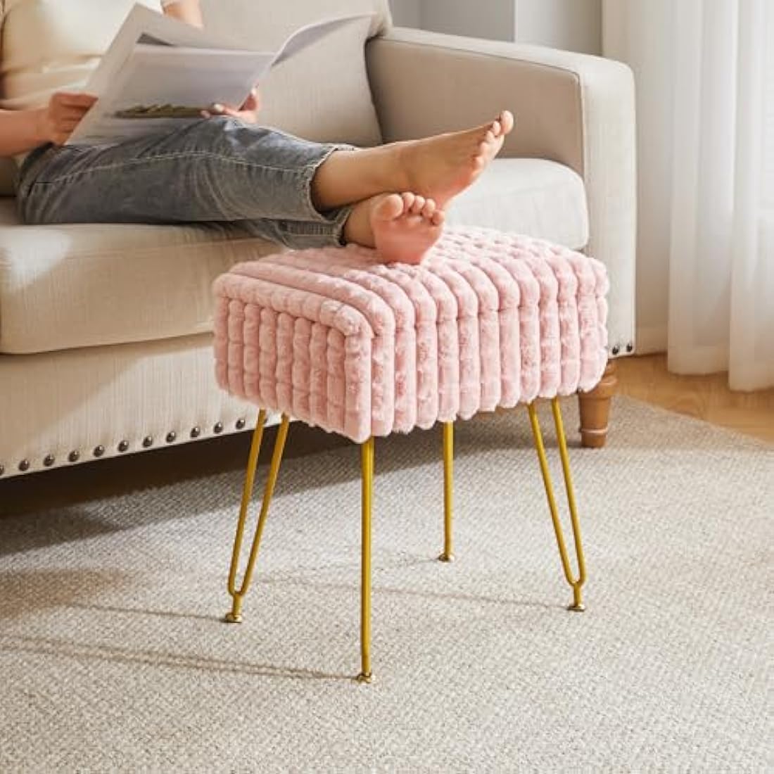 IBUYKE Vanity Chair with Storage - Pink Grid Ottoman Footstool