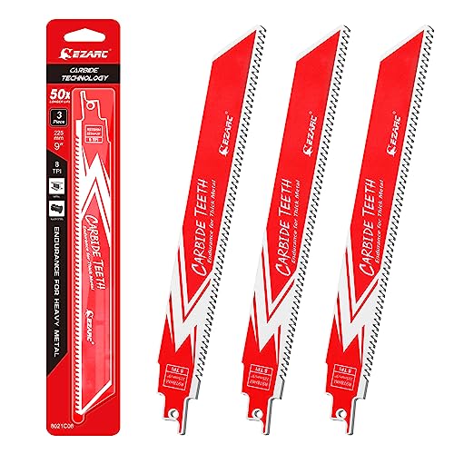 EZARC Carbide Reciprocating Saw Blades for Thick Metal | 225mm 8TPI 3-Pack