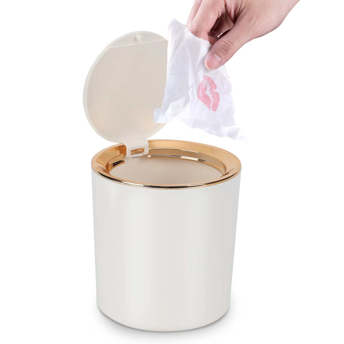 JEEZAO Mini Desktop Bin, Desk Trash Can with Lid, 2.6L Small Plastic Waste Table Bin for Bathroom, Office, Dressing Table, Kitchen White - image 1