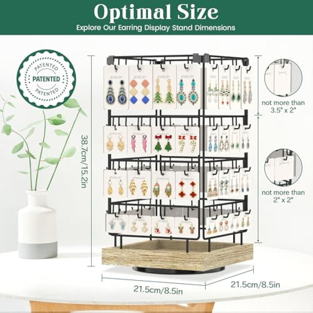 EsLuker.ly Rotating Earring Display Stand | 64 Hook Jewelry Rack with Wood Base