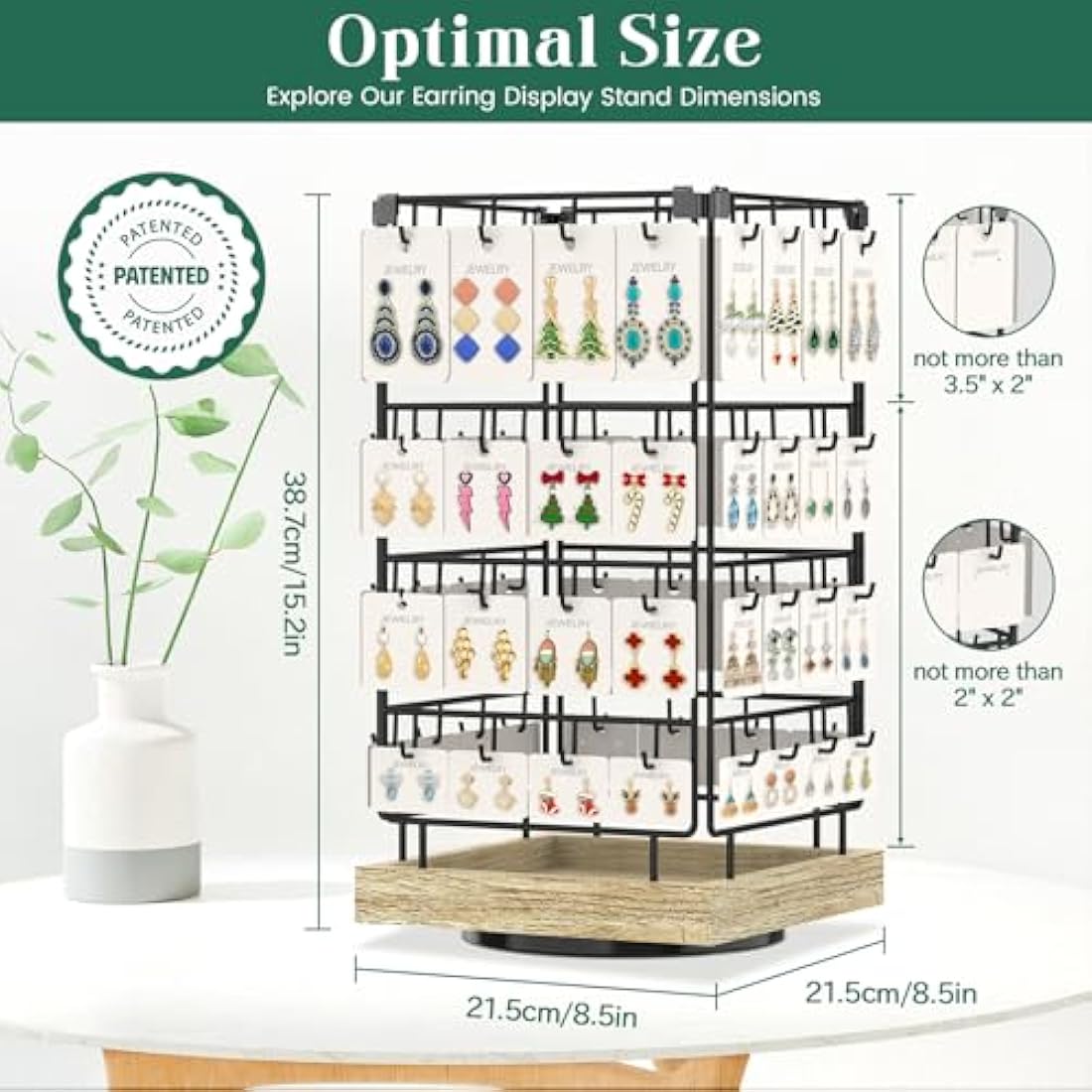 EsLuker.ly Rotating Earring Display Stand | 64 Hook Jewelry Rack with Wood Base