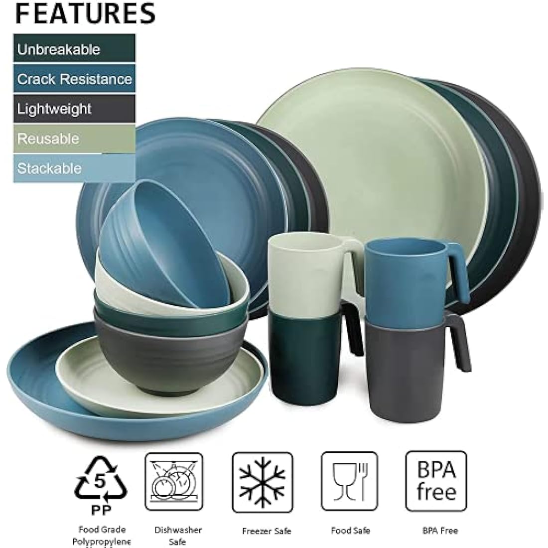 Greentainer Unbreakable Plastic Dinnerware Set | 16-Piece Microwave Safe