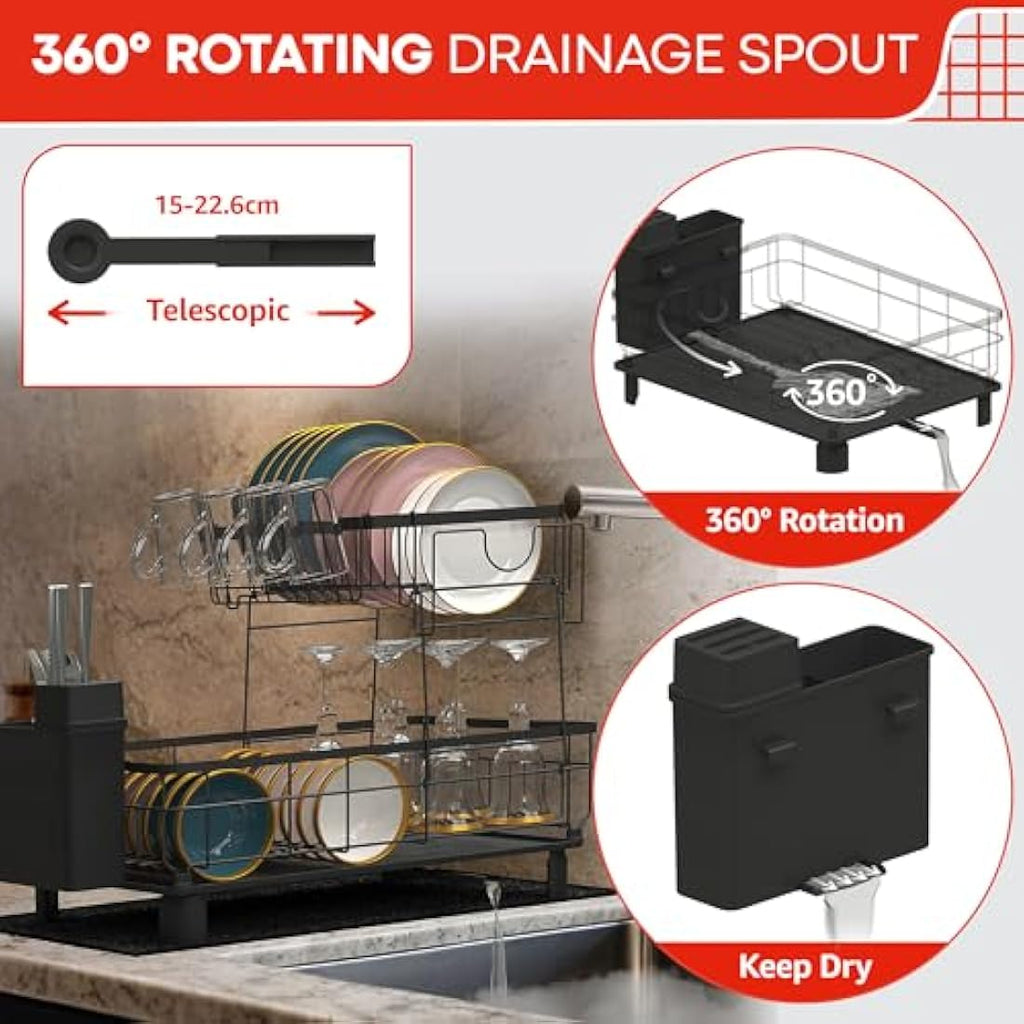 RebelEver 2-Tier Dish Drying Rack – Rustproof Carbon Steel Sink Drainer