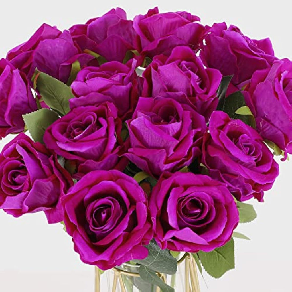 Cloudecor Purple Velvet Artificial Roses - 15Pcs Long Stem Silk Flowers