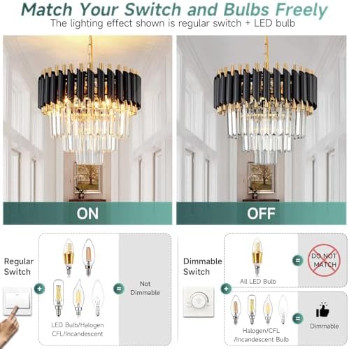 AOOCHOK Modern Crystal Chandelier – Black and Gold Pendant Light, 40cm