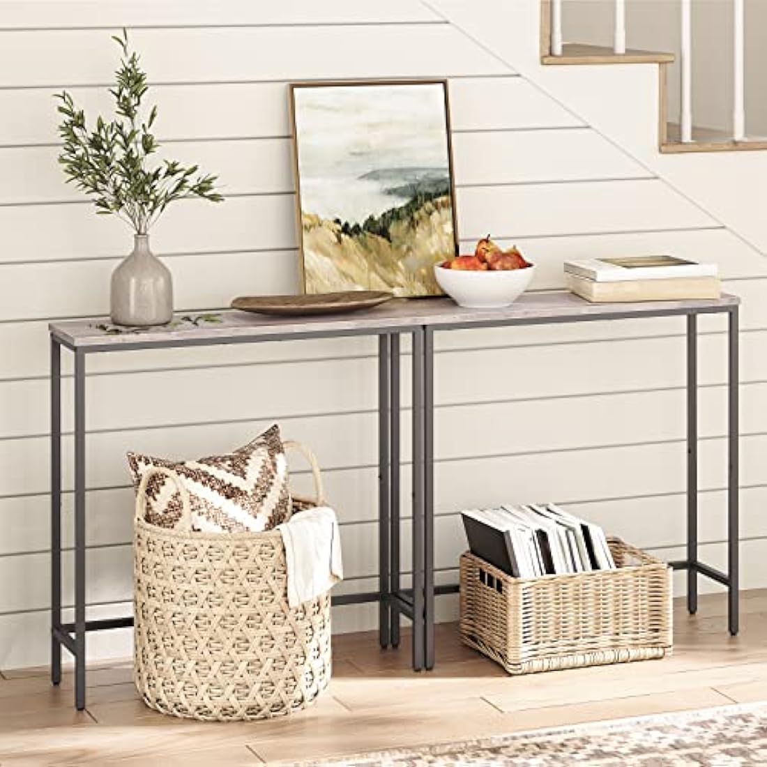 HOOBRO Slim Console Table - Industrial Metal Entryway Sofa Table, Greige