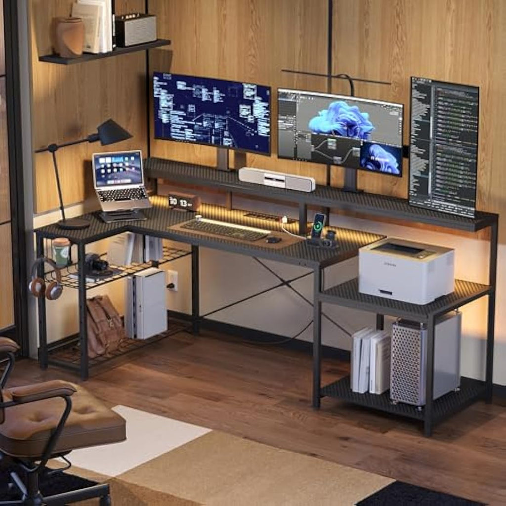 Bestier L-Shaped Gaming Desk with RGB LED Lights and Power Outlets