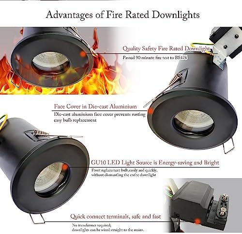 Sweier Fire Rated IP65 Waterproof LED Recessed Downlight - Black, 4 Pack