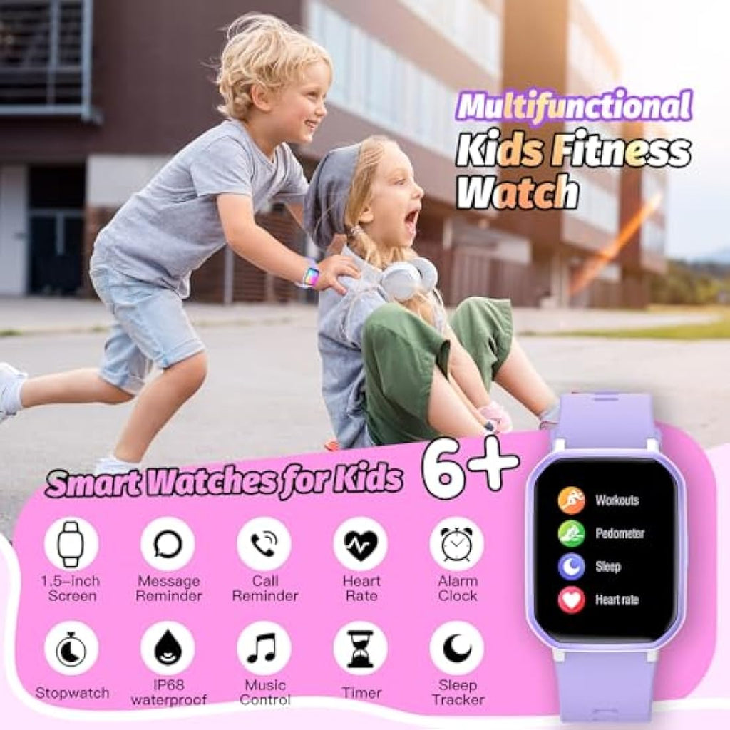 Kids Smart Watch – IP68 Waterproof Fitness Tracker (Purple)