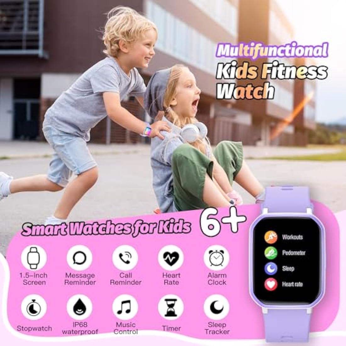 Kids Smart Watch – IP68 Waterproof Fitness Tracker (Purple)