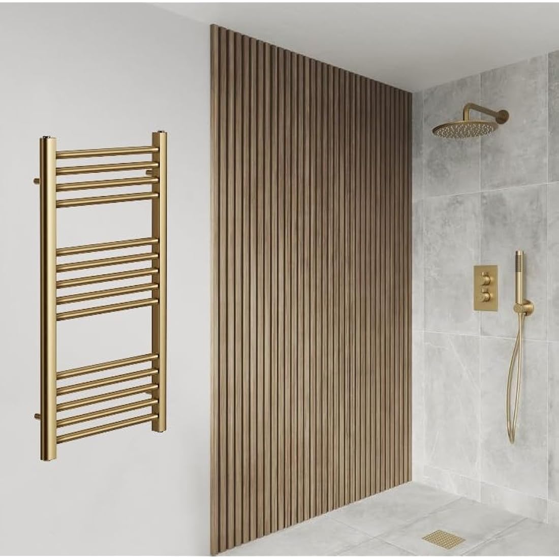 Greened House Brushed Brass Heated Towel Rail | 300mm x 800mm