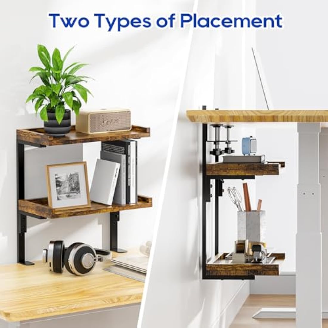 THYGIFTREE 2-Tier Clamp On Desk Shelf | Wood Tabletop Storage Rack - Brown