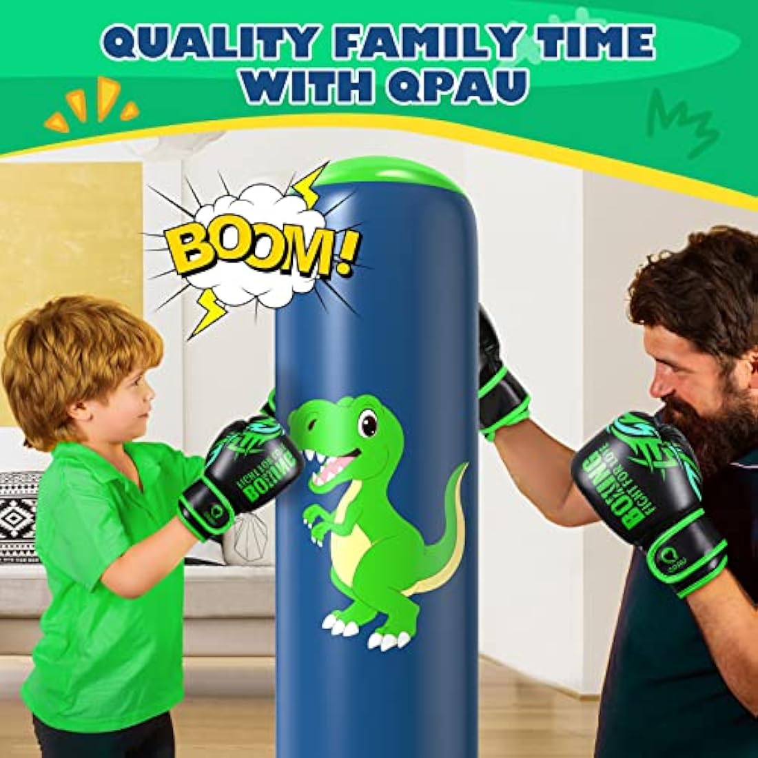 QPAU Kids Inflatable Dinosaur Punching Bag Set with Gloves for Ages 3-8