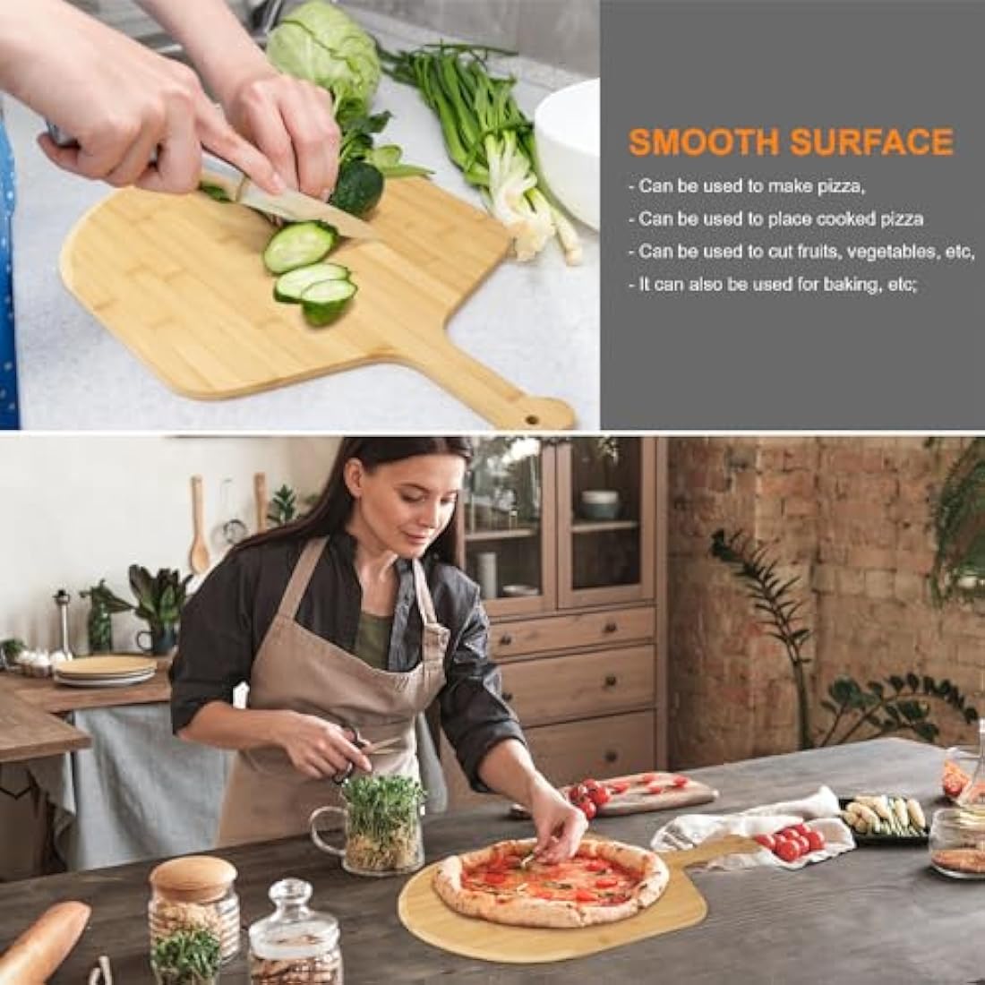 14" Bamboo Pizza Cutting Board – 2 Pack Double-Sided Peel