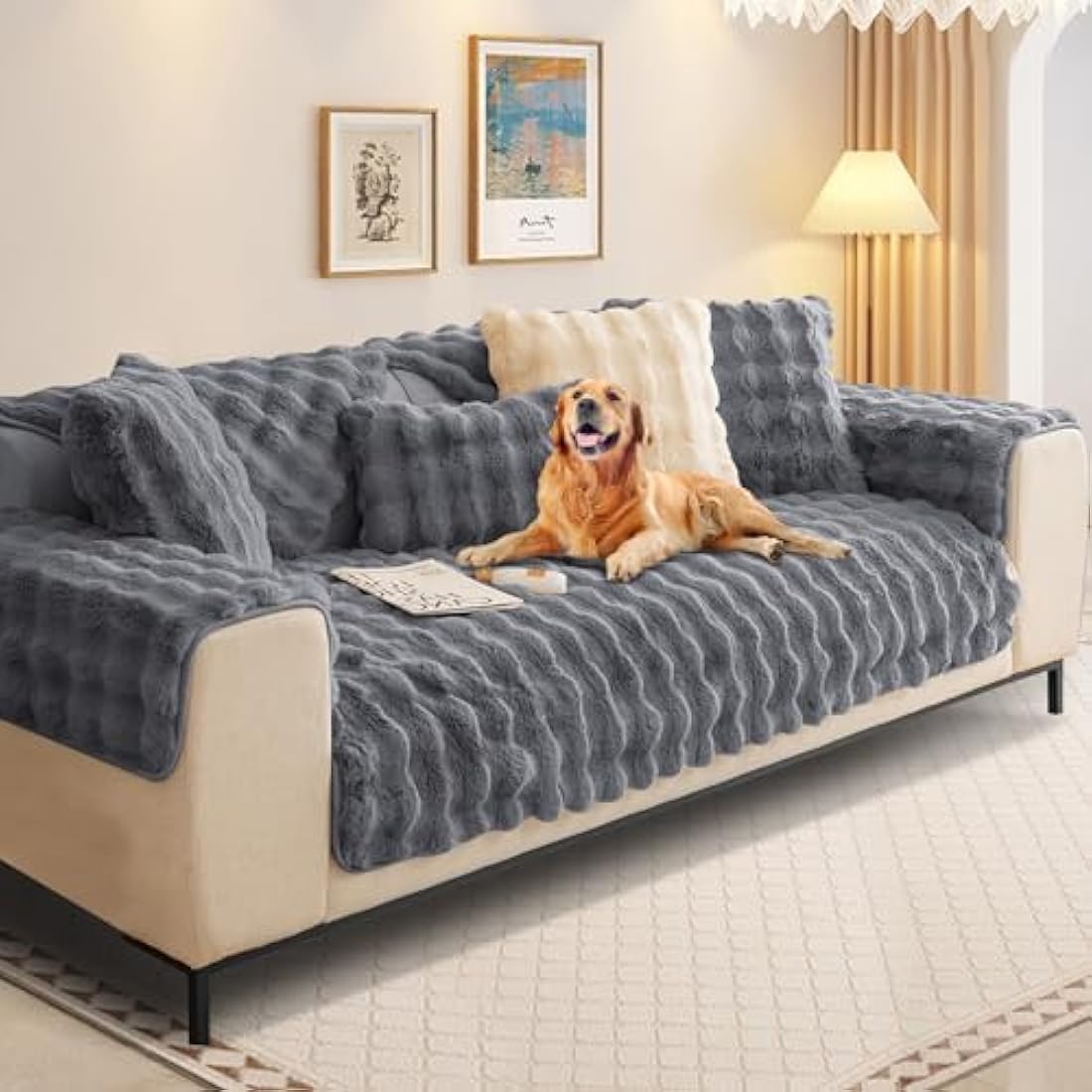SHANNA Non-Slip Rabbit Plush Sofa Cover | Thick Faux Fur Sectional Slipcover