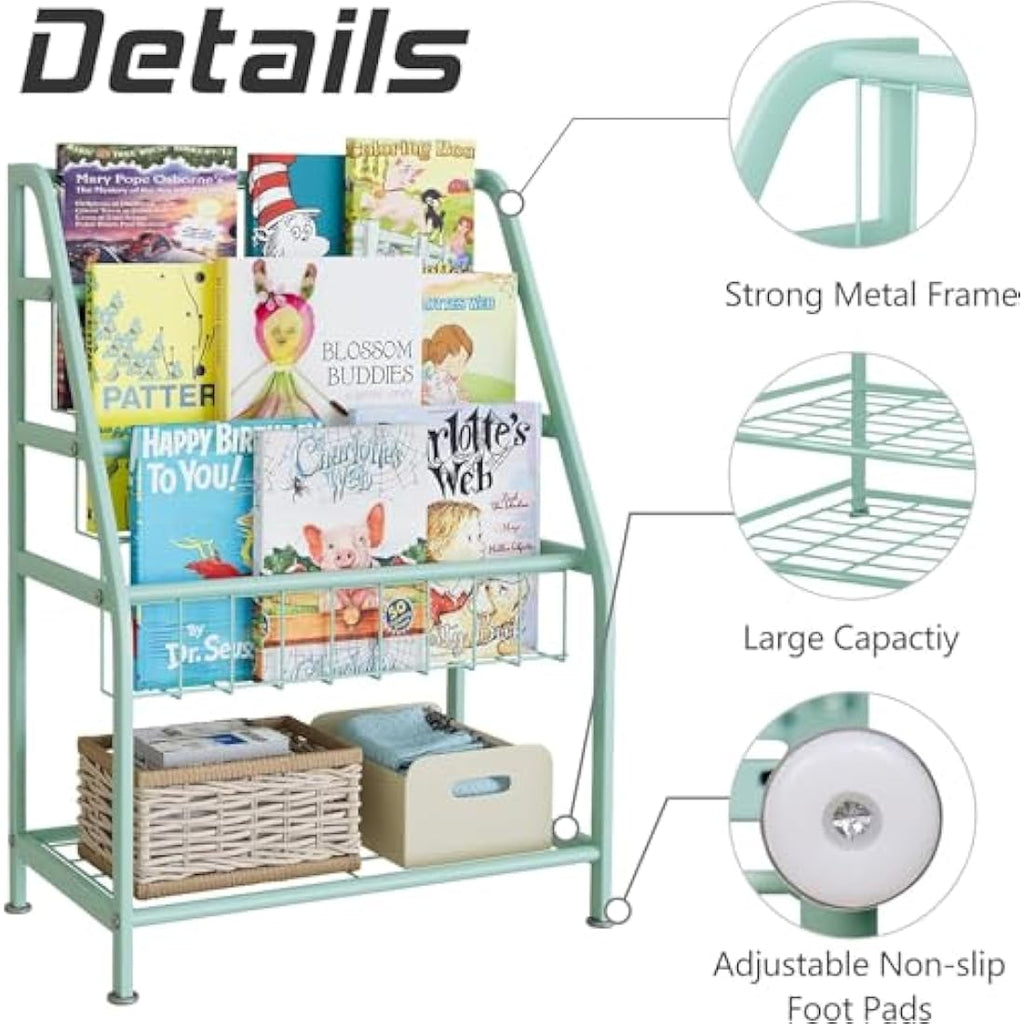Huhote Kids Bookshelf – Metal Book and Toy Storage Organizer, Green