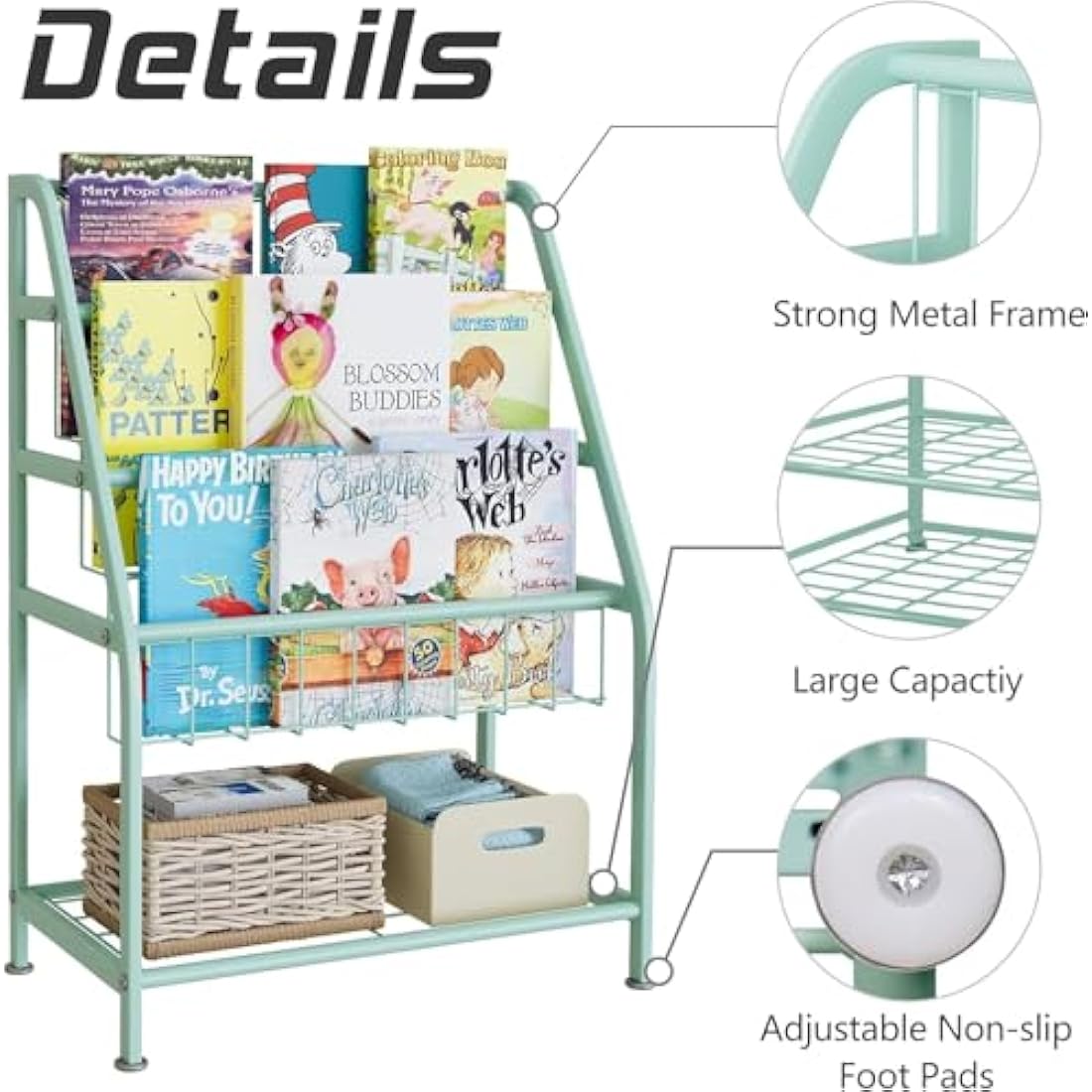 Huhote Kids Bookshelf – Metal Book and Toy Storage Organizer, Green