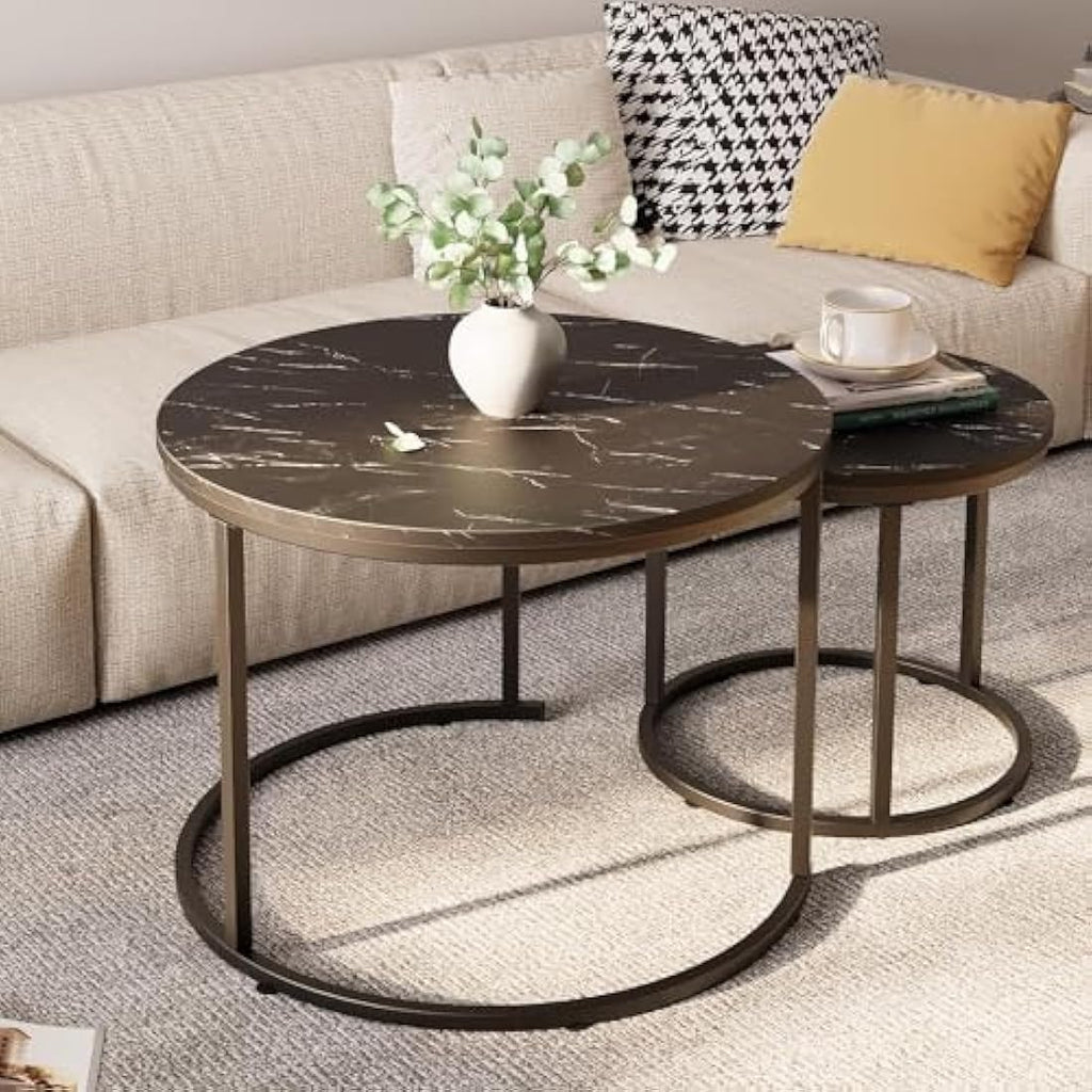 Huhote Round Nesting Coffee Tables - Set of 2 Black Marble Side Tables