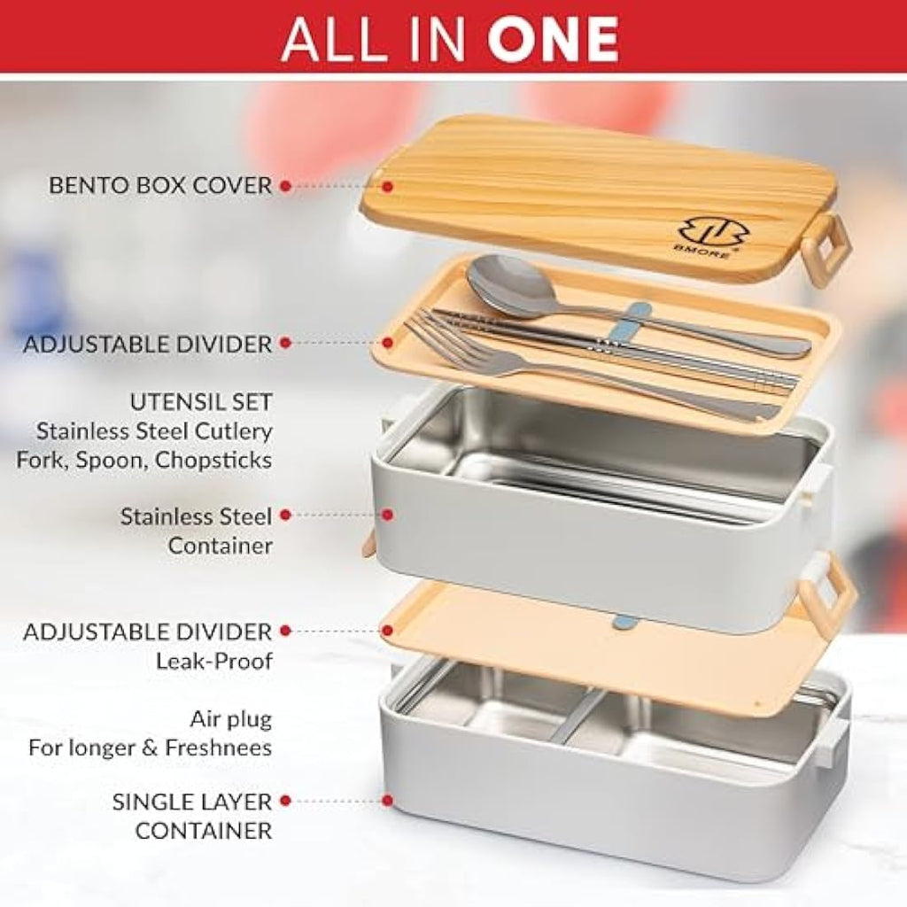 BMORE 1000ml Bento Lunch Box - 2 Layer Stainless Steel Leakproof Container