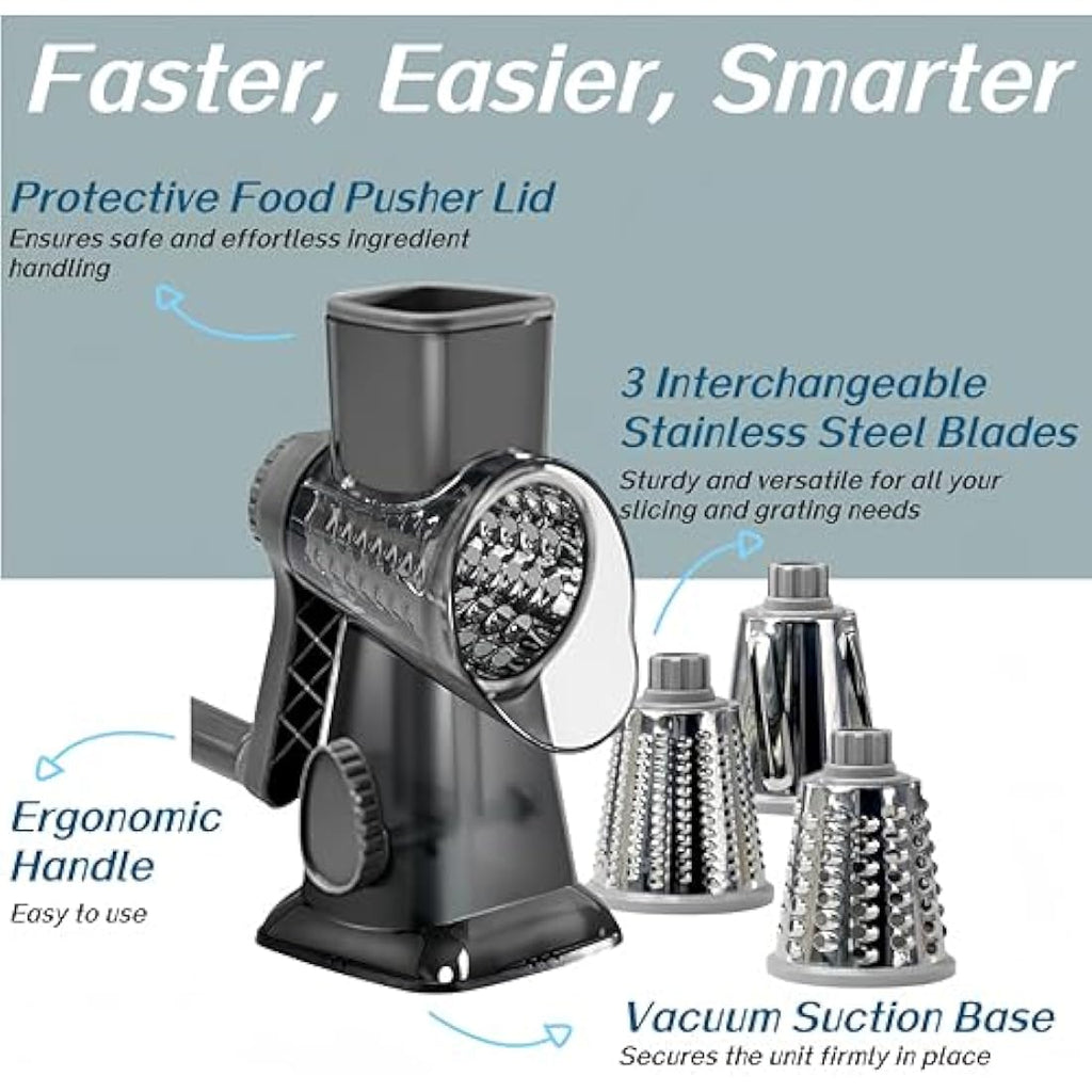 LacusMare Rotary Cheese Grater | 3-Blade Vegetable Slicer & Shredder, Gray