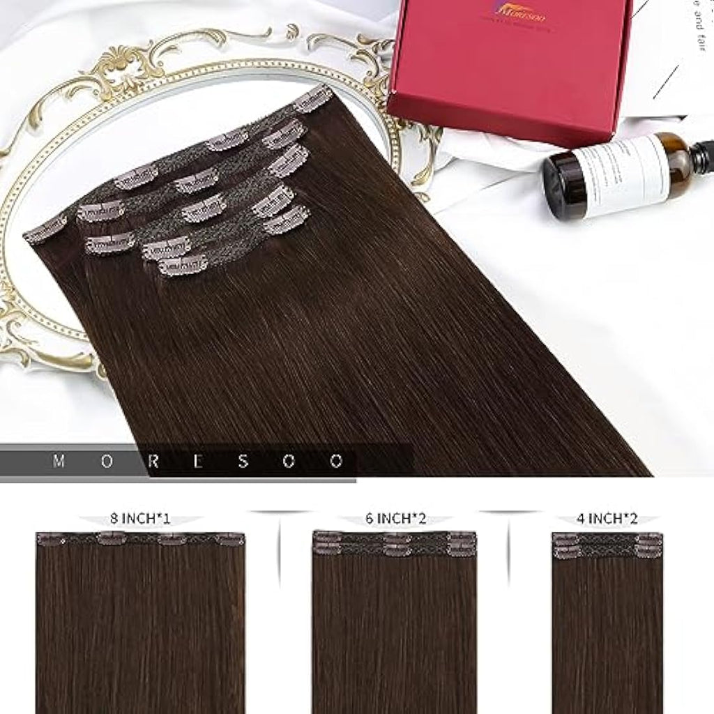 Moresoo Clip in Human Hair Extensions – 14 Inch Dark Brown Remy Hair 80g