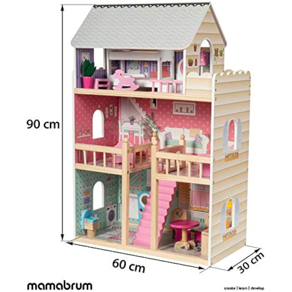 Mamabrum 3-Story Wooden Dollhouse with LED Lights & Furniture